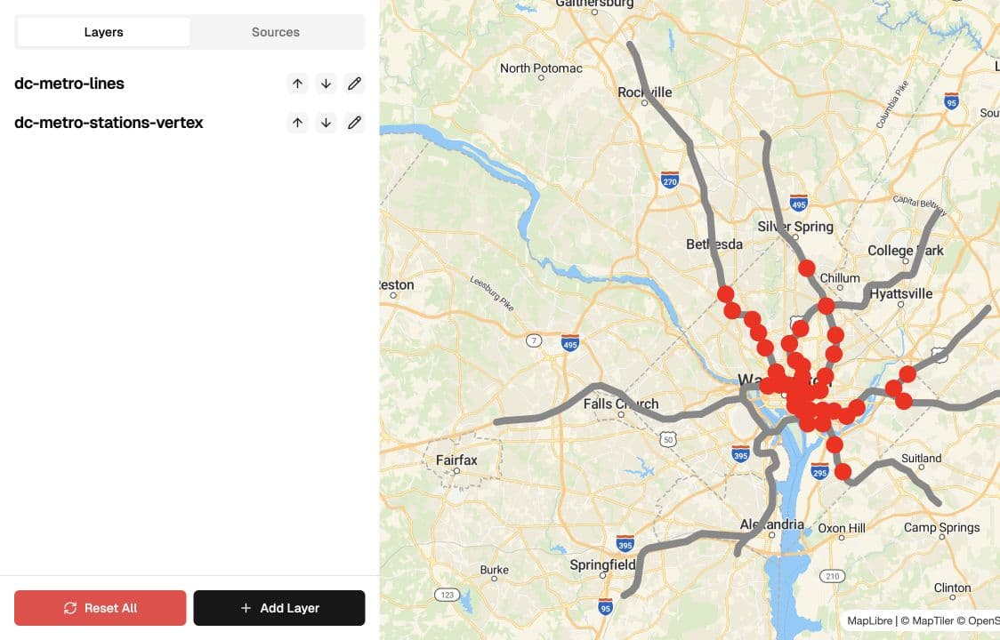 MapLibre GL Style Editor showing Washington, DC Metro lines and stations